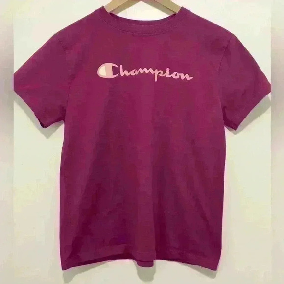 Champion Women’s Size Medium Script Logo Tee, in color Dark Berry Purple - Picture 1 of 11